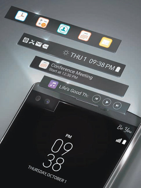 LG ‘V10’의 핵심 기능인 세컨드 스크린. 메인 화면 오른쪽 상단에 날짜와 시간은 물론이고 자주 쓰는 애플리케이션과 음악, 일정 등을 표시해주기 때문에 멀티태스킹에 매우 유용하다. LG전자 제공