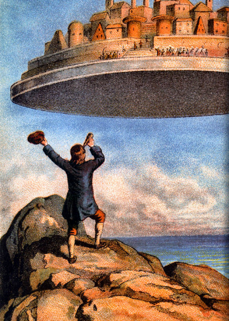거인국을 탈출해 하늘 위를 떠도는 섬 ‘라퓨타’를 발견한 걸리버. 1910년경 독일 라이프치히에서 출간된 아일랜드 작가 조너선 스위프트의 소설 ‘걸리버 여행기’에 수록된 삽화다. 열린책들 제공