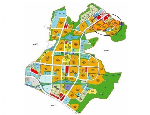 LH가 공급한 위례신도시 8585㎡초과 주택용지 1필지 위치(동그라미 친 부분) 사진=뉴스1DB