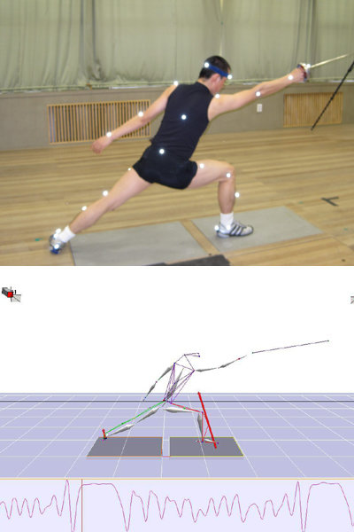 펜싱선수의 동작을 적외선 카메라도 촬영한다(위). 선수 몸에 부착된 센서로 근육의 움직임과 지면에 가해지는 하중까지 정밀한 측정이 가능하다(아래). 이처럼 정밀 분석한 자료로 선수들의 경기력 향상을 도모할 수 있다. 사진제공｜한국스포츠개발원