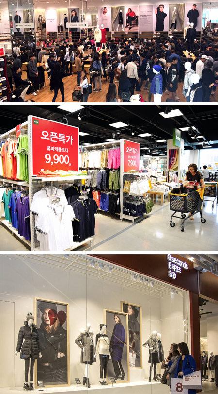 2005년 9월 유니클로의 첫 매장이 국내에 들어서면서 한국의 SPA 패션 역사는 시작됐다. 해외 브랜드와 국내 브랜드가 각축전을 벌이는 동안 국내 SPA 패션 시장 규모는 3조 원대로 커졌다. 2일 유니클로와 에르메스의 디자이너였던 크리스토퍼 르메르와의 협업 상품을 사려는 사람들로 북적이는 유니클로 롯데월드몰점의 모습(위), 이마트가 만든 브랜드 ‘데이즈’ 매장 풍경(중앙), 삼성물산 패션부문의 ‘에잇세컨즈’ 쇼윈도 모습. 각 업체 제공