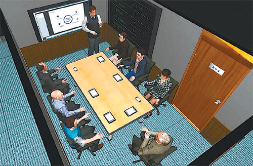 아하정보통신이 회의용 전자칠판을 개발할 때 사용한 3D 아바타 프로그램. 가상공간에 실제와 똑같은 회의시설을 갖추고 아바타를 여럿 투입해 회의를 진행할 수 있다. 국가산업융합지원센터 제공