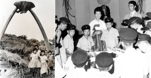 (왼쪽) 1961년 7월 24일자 동아일보에 게재된 흑산도 주민의 가족사진. 일제 때 일본인 어부 15가구가 정착해 고래를 잡았다고 전해진다. 고래뼈로 만든 일본식 기둥문(도리)이 보인다. (오른쪽) 1972년 9월 육영수 여사의 초청으로 청와대에 온 흑산도 성무중학교 학생들.