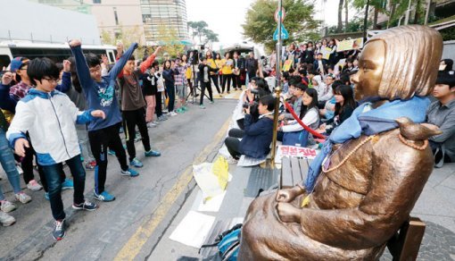 10월 21일 오후 서울 종로구 율곡로 주한 일본대사관 앞에서 열린 제1201차 일본군 위안부 문제 해결을 위한 수요집회에 참석한 학생들이 퍼포먼스를 펼치고 있다.