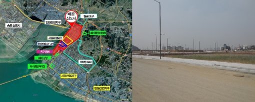 시흥 배곧신도시 위치도(왼쪽)와 서울대학교 시흥캠퍼스 조성부지 현장.