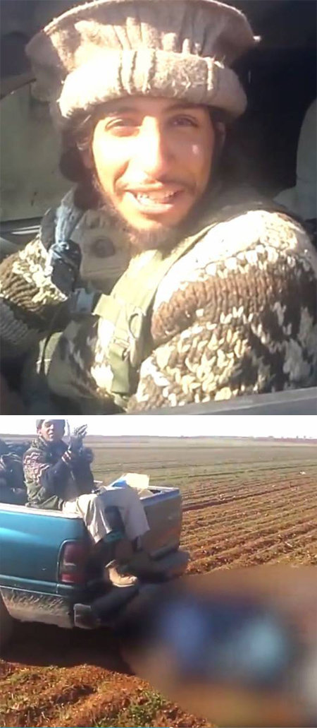 압델하미드 아부 우드가 시리아인 시신들이 매달린 트럭을 운전하며 웃고 있다(위쪽 사진). 시신이 묶인 트럭이 공동묘지로 향하는 흙길 위를 달리고 있다(아래쪽 사진). 사진 출처 데일리메일