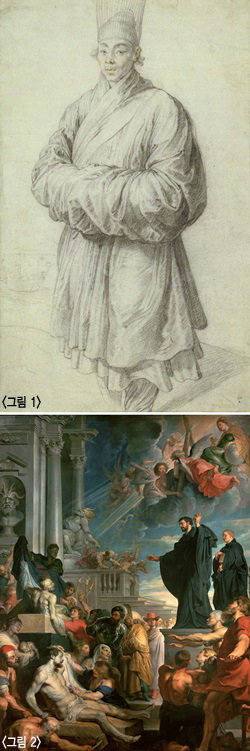 <그림 1> 루벤스 ‘조선 복식을 입은 남자’, 종이 소묘, 1617년경, 38.4 x 23.5㎝, LA 게티 미술관. <그림 2> 루벤스 ‘프란시스코 하비에르의 기적’, 1617~18년, 5.35 x 3.95m, 빈 미술사박물관.