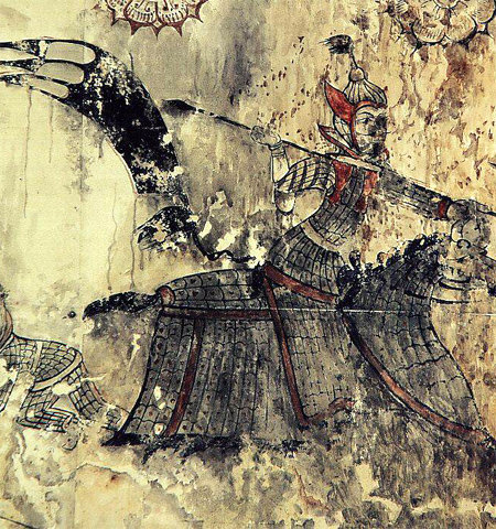중국 지린 성 지안 현에서 발견된 퉁거우 12호분의 고구려 무사 벽화 모사도. 국립중앙박물관 제공