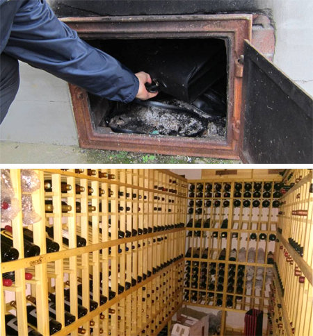 아궁이속 현금 6억 돈가방(위쪽 사진)과 80억 주택에 와인 1200병(아래쪽 사진).