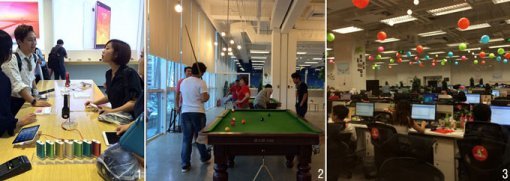 1 샤오미는 애플스토어와 유사한 ‘MI스토어’를 운영한다. MI스토어에서는 샤오미 제품을 경험해볼 수 있지만, 일부 액세서리 제품을 제외하고는 온라인에서 구매해야 한다. 2, 3 샤오미 본사에 마련된 당구대와 직원들의 업무 공간. 샤오미 직원은 현재 1만2000명가량이다. 사진제공·임정욱