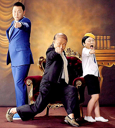 싸이의 ‘Daddy’ 뮤직비디오의 한 장면. 가족 3대가 모두 싸이 얼굴이다.YG엔터테인먼트 제공