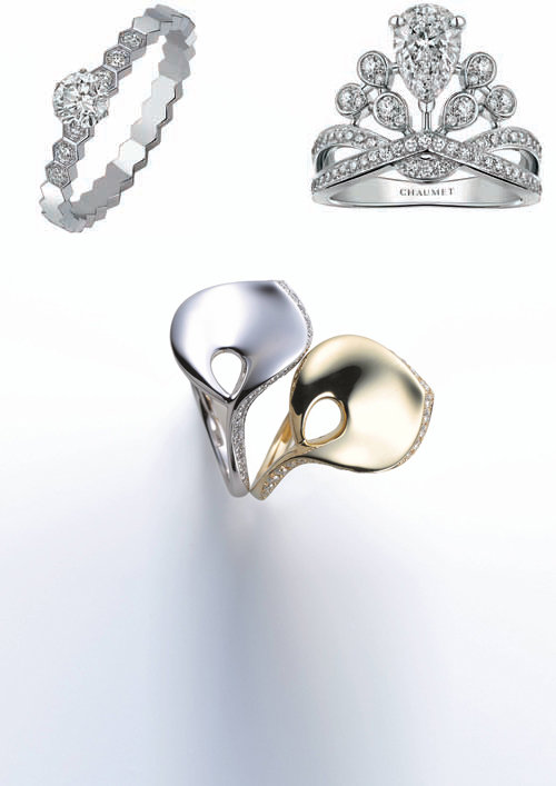 쇼메 ‘비 마이 러브’ 반지와 ‘아그레트 임페리어링(위쪽), 니와카 ‘수이렌’ 반지(아래쪽)