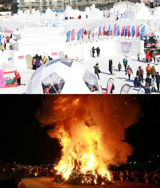 눈조각전시-달집태우기(아래사진). 사진제공｜문화체육관광부