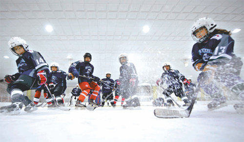 전북스포츠클럽 초등부 아이스하키팀 선수들이 전주 화산체육관 빙상장에서 훈련하고 있다. 이 팀은 최근 학교 운동부를 꺾고 2016년 전국 겨울체육대회 전북도 대표로 선발되는 ‘이변’을 일으켰다. 국민생활체육회 제공