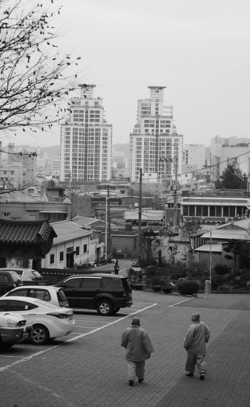 의곡사 밖은 산이 아니라 도시다. 저녁 공양을 마친 두 스님이 경내 주차장을 산책하고 있다.