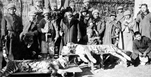 야마모토 다다사부로가 조선의 명포수를 영입해 만든 호랑이 사냥팀의 모습. 사진은 1917년 11월 호랑이 사냥에 성공한 뒤 찍은 것이다. 에이도스 제공