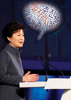 박근혜 대통령이 2015년 한 해 동안 국무회의와 수석비서관회의에서 남긴 공개 발언 중 정책 관련 단어들을 모은 ‘낱말 구름(Word Cloud)’(원 안). 단어의 크기와 빈도는 박 대통령이 사용한 횟수를 반영해 표현된 것이다. 청와대사진기자단 · tagxedo.com