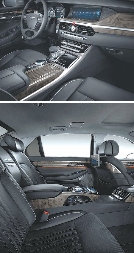 제네시스 EQ900의 앞좌석(위쪽)과 뒷좌석 모습. 시트에 고급 ‘나파 가죽’을 쓰는 등 최대한 고급스럽게 꾸몄다. 현대자동차 제공
