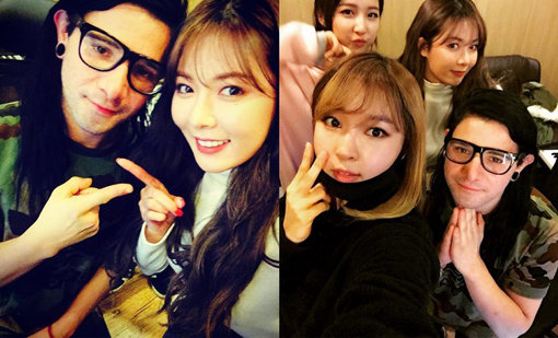 그룹 포미닛과 DJ 스크릴렉스. 사진출처｜포미닛 SNS