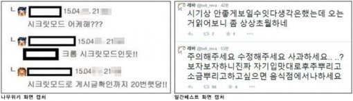 “다음 카페 ‘여성시대’ 회원들이 네이버의 실시간 검색어를 조작했다”는 주장의 근거가 된 댓글들(왼쪽). 웹툰작가 레바가 5월 여성시대 회원을 포함한 여성 누리꾼들의 항의를 받고 올린 트위터 글.