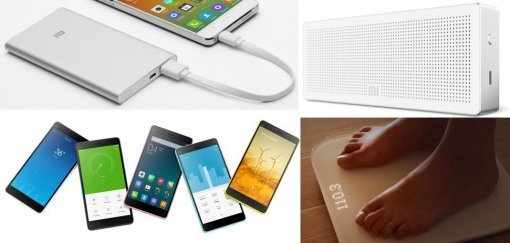 왼쪽 위부터 시계방향으로 보조배터리, 블루투스 스피커, 체중계, 스마트폰.