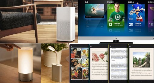 왼쪽 위부터 시계방향으로 공기청정기, 미TV, 미패드, LED 라이트, 스마트램프 이라이트