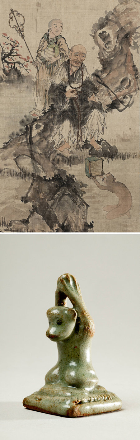 조선 말기 장승업이 그린 ‘송하고승도’(위 사진)와 12세기 고려시대
제작된 ‘원숭이 모양 청자 인장’. 국립민속박물관의 ‘원숭이 엉덩이는 빨개’ 특별전에서 볼 수 있다. 국립민속박물관 제공