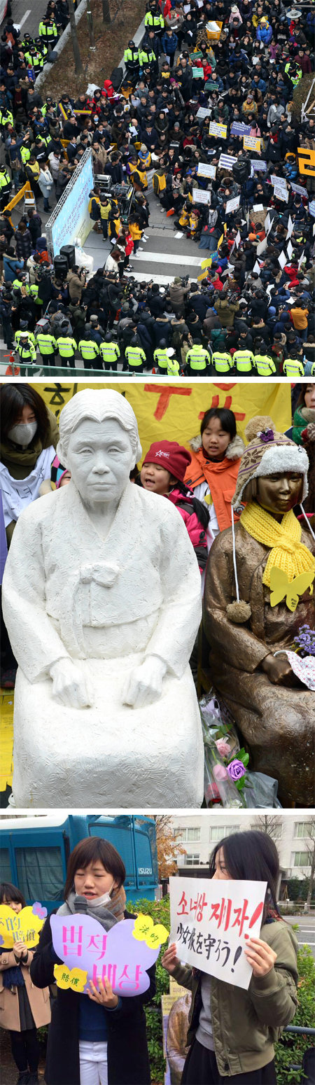 서울 1000여 명 “위안부 문제 재협상을” 6일 24주년을 맞은 수요집회가 국내 16곳을 비롯해 12개국 45곳에서
 동시에 열렸다. 이날 서울 종로구 일본대사관 앞에서 열린 집회에는 추운 날씨에도 불구하고 시민 1000여 명이 모였다(위쪽 
사진). 이날 평화의 소녀상 옆에는 위안부 피해를 처음으로 공개 증언한 고(故) 김학순 할머니의 석고상이 놓였다(가운데 
사진). 일본 외무성 앞에서 열린 집회에도 도쿄 시민 등이 참가해 일본의 법적 배상 등을 요구하고 있다. 박영대 기자 sannae@donga.com·뉴시스·정대협 제공