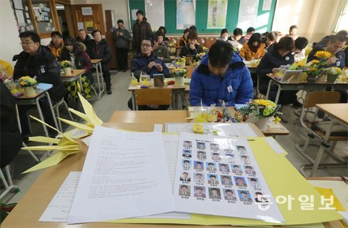 “잊지 않을게요”



10일 경기 안산시 단원고에서 세월호 참사 희생자를 위한 ‘겨울방학식’이 열렸다. 이날 유족과 시민들은 세월호 참사로 숨진 2학년 학생들이 쓰던 교실을 찾아 출석을 대신 부르며 희생자들을 기렸다. 안산=홍진환 기자 jean@donga.com