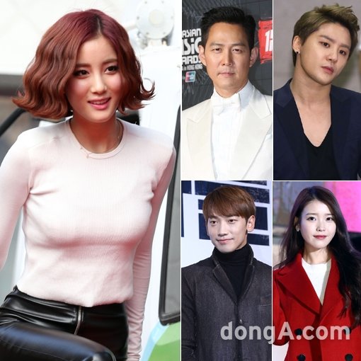 걸그룹 타히티의 지수-배우 이정재-가수 김준수-아이유-비(왼쪽부터 시계뱡항으로). 동아닷컴DB