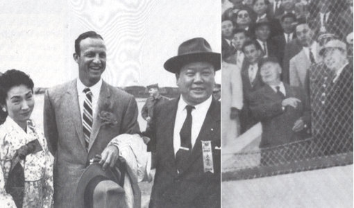 세인트루이스의 전설적 스타 스탠 뮤지얼(가운데)이 1958년 친선경기차 한국을 방문해 세인트루이스를 초청한 장기영(오른쪽) 한국일보 사장과 포즈를 취하고 있다. 오른쪽 사진은 당시 이승만 대통령이 세인트루이스와 전서울군의 친선경기에 앞서 한국 대통령 최초로 시구를 하는 장면이다. 서울운동장 관중석에 서서 그물 사이로 시구하는 장면이 이채롭다.