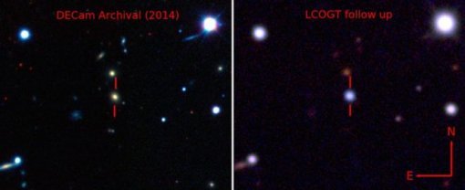2014년 촬영된 왼쪽 사진의 가운데 별이 지난해 6월 폭발해 초신성이 된 것을 보여주는 사진. ASASSN 연구팀 제공.