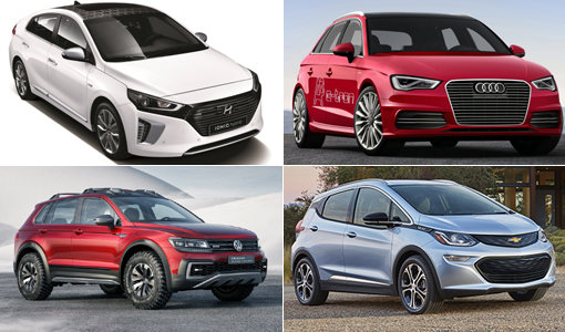 현대차 ‘아이오닉 하이브리드’-아우디 ‘A3 스포트백 e-트론’-쉐보레 ‘볼트 EV’-폭스바겐 ‘티구안 GTE 액티브 컨셉트’(왼쪽 상단부터 시계방향으로)