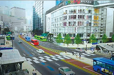 차로가 줄어드는 대신 보도가 확장되고 중앙버스전용차로가 들어선 서울 남대문로 조감도. 서울시는 남대문로의 통행을 보행자 중심으로 개선하고 대중교통 이용체계도 개선할 계획이다.

최판술 서울시의원 제공