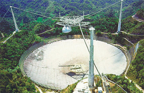 현재 세계 최대 규모인 푸에르토리코의 지름 305m 아레시보 전파망원경. 올해 중국은 이보다 큰 지름 500m 반사경을 갖춘 전파망원경 ‘패스트’를 가동할 예정이다. 위키미디어 제공