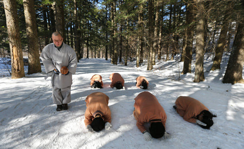 강원 평창군 오대산 월정사의 템플스테이 참가자들이 겨울 눈 쌓인 전나무 숲길에서 삼보일배를 하고 있다.