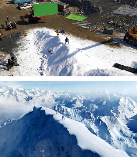 영화 ‘히말라야’ 속 칸첸중가 등반 장면(아래 사진)은 강원 영월군의 한 채석장(위)에서 눈을 쌓아 찍은 후 CG 작업을 거쳤다. CJ E&M 제공