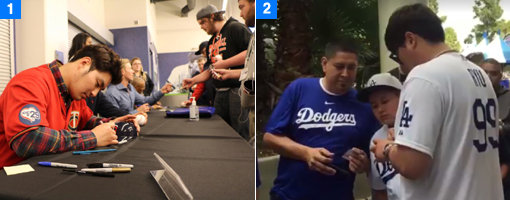 1. “한국에서 온 괴물타자다!” 미네소타 트윈스 박병호(왼쪽)가 30일(한국시간) 미국 미네소타주 미니애폴리스 타깃필드에서 열린 미네소타의 공식 팬 초청행사인 ‘트윈스페스트(TwinsFest)’에 참석해 팬들에게 사인을 해주고 있다. 2. “한국에서 온 괴물투수다!” LA 다저스 류현진(오른쪽)이 31일(한국시간) 다저스타디움에서 열린 팬페스트 행사에 참가해 팬들의 사인 요청에 응하고 있다. 사진출처｜미네소타 트윈스 공식 페이스북 사진캡쳐·LA 다저스 공식 페이스북 동영상 캡처