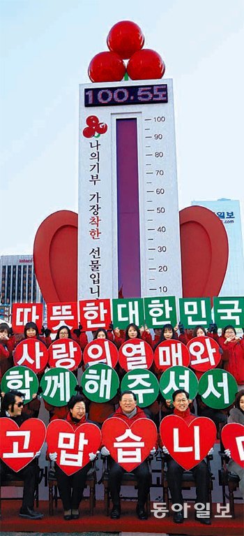 ‘사랑의 온도탑’ 100.5도… 펄펄 끓었다 1일 서울 광화문광장에서 열린 ‘사랑의 온도탑’ 폐막식에서 참석자들이 감사의 의미를 담은 플래카드를 들어 보이고 있다. 최혁중  기자  sajinman@donga.com