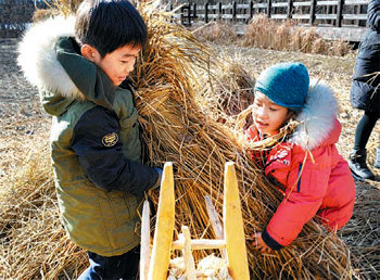 서울 송파구 방이동 습지 생태체험장에서 어린이들이 지게에 볏짚을 올려 지게를 지는 체험을 하고 있다. 서울 송파구 제공