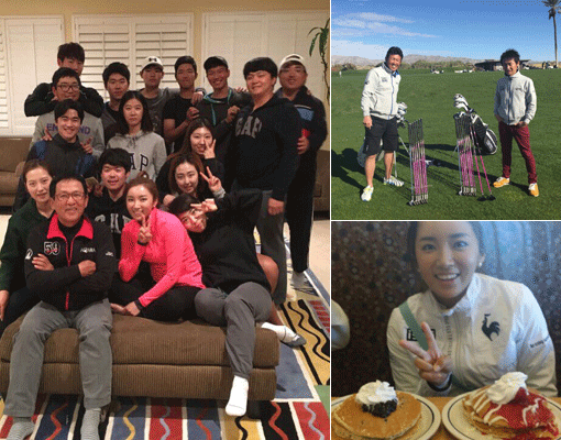 조범수 코치(맨 앞 줄 맨 왼쪽)와 함께 훈련하는 동료들, 새 클럽 앞에서 포즈를 취한 캐디 시게노리(왼쪽)와 이노우에 혼마골프 팀장, 맛있는 디저트 앞에서 웃고 있는 이보미(왼쪽 큰 사진부터 시계방향). 사진제공｜프로골퍼 이보미