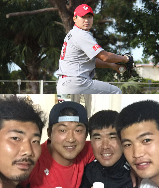 SK 투수 원용묵(위)-SK 포수 이현석·허웅·이재원·김민식(아래 맨 왼쪽부터). 사진제공｜SK 와이번스