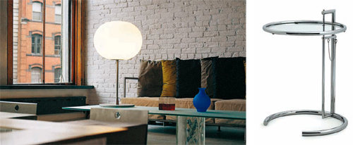 흰쌀 같은 자연스러운 모양의 조명 ‘글로 볼’(왼쪽 사진)과 건축가 르코르뷔지에와의 악연이 담긴 ‘높낮이 조절이 가능한 테이블 E1027’. 디자인하우스 제공