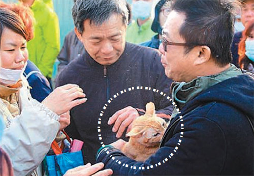 6일 대만 타이난 시의 건물 붕괴 현장에서 울음소리를 내 건물 잔해 속에 갇힌 어린이를 살려낸 고양이 먀오먀오(점선 안). 사진 출처 대만 롄허보