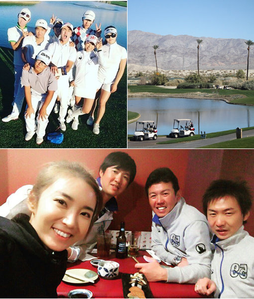 전지훈련 중 동료들과 연습경기를 마친 뒤 기념사진을 남겼다. 미국 팜스프링 테라라고 골프장 전경 사진과 캐디, 트레이너와 함께 하는 즐거운 식사시간(왼쪽 위부터 시계방향). 사진제공｜프로골퍼 이보미