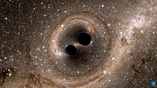 미국, 한국, 독일 등 국제 공동연구진은 태양 질량의 36배와 29배인 블랙홀 두 개로 이뤄진 쌍성이 충돌해 합치는 과정에서 나온 중력파를 검출했다. SXS 제공