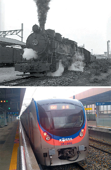 1977년 인천과 경기 수원을 오가던 증기기관차(왼쪽)와 27일 인천 구간 재개통을 앞두고 있는 수인선 전동열차. 코레일 제공