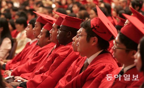 붉은 학사모를 쓴 일본 대학생들이 졸업식장에 줄지어 앉아 있다. 한 국립대가 다음 달 졸업식에서 일왕을 찬양하는 일본 국가 ‘기미가요’를 부르지 않기로 결정하면서 정부와 마찰을 빚고 있다. 동아일보DB