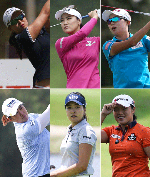 세계랭킹 5위 김세영-세계랭킹 6위 유소연-세계랭킹 8위 김효주-세계랭킹 9위 장하나-세계랭킹 10위 전인지-세계랭킹 12위 양희영(왼쪽 상단부터 시계방향으로). 사진제공｜LOTTE·KLPGA·LPGA KEB 하나은행 챔피언십 조직위