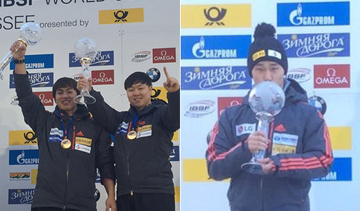 원윤종과 서영우(왼쪽 사진)-윤성빈. 사진제공｜대한봅슬레이스켈레톤경기연맹